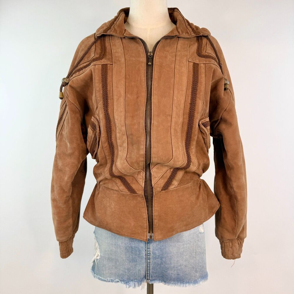 Vintage Brown Suede Zip Up Leather Jacket Cinched Waist Boho Western Size M/L